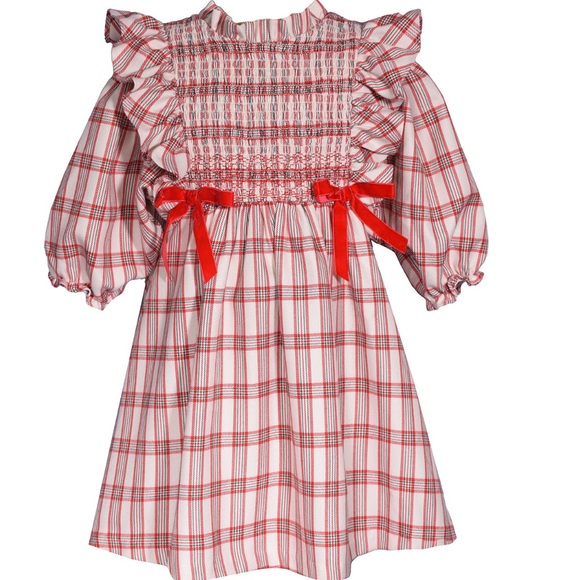 Plaid Ruffle Smocked Dress with Ribbon Bows - Picture 2 of 8